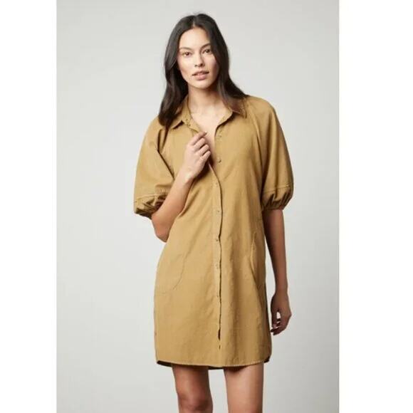 Velvet by Graham & Spencer SM Kady Brown Corduroy Puff Sleeve Mini Dress Boho - Picture 1 of 9